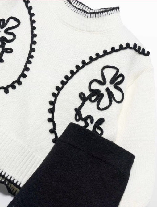 Girl Knit Pants Set with Embroidery