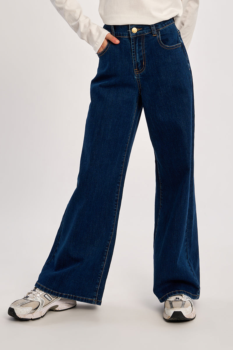Wide Leg Denim Pant-Dark Denim Blue